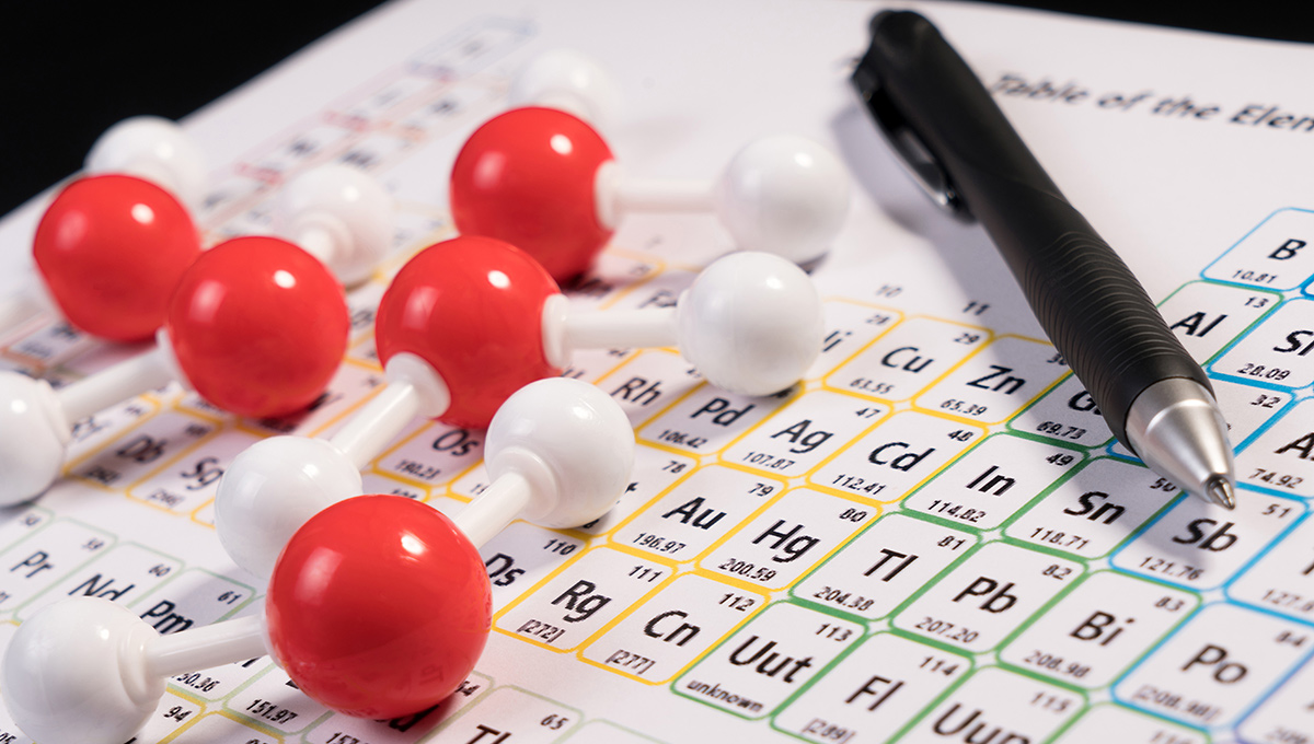 Chemistry model atom of molecule water scientific elements on periodic table of the elements.