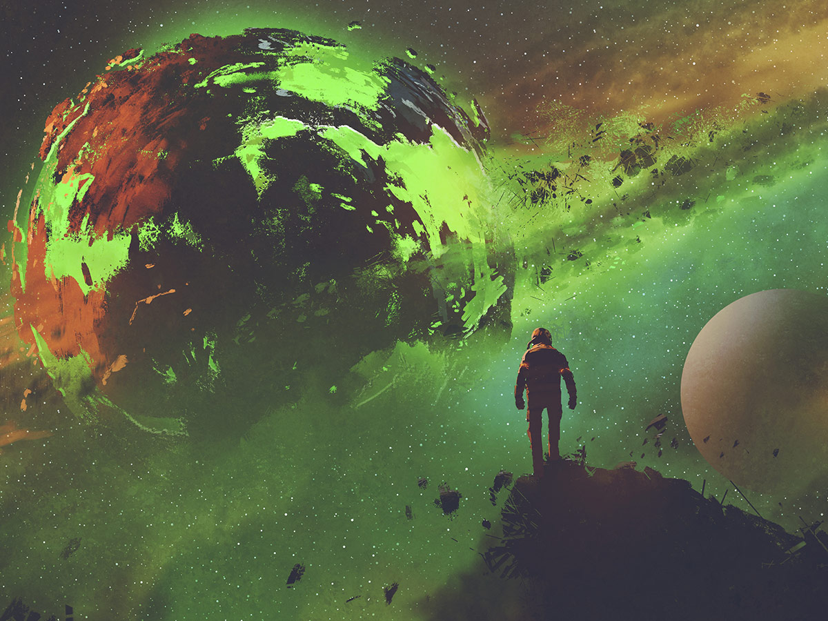 An illustrated astronaut in a science fiction landscape.