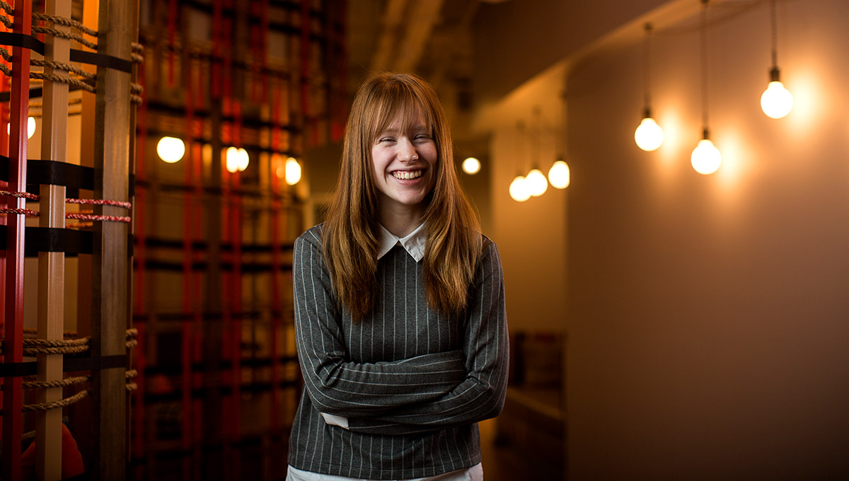 Laura Aubin (pictured here), one of the students in Carleton's Dev Degree partnership with Shopify, splits her time between campus & the company’s headquarters, earning valuable career experience.