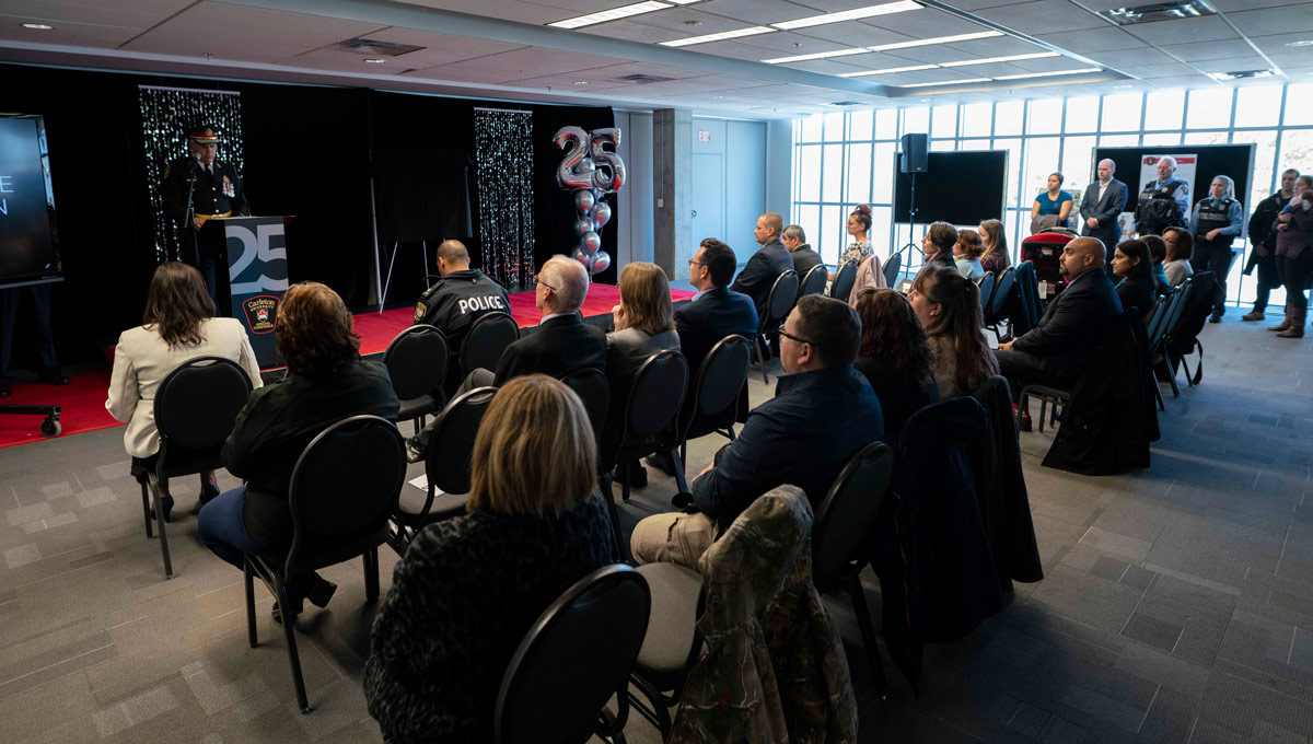An Ottawa police representative speaks at a podium. Carleton's special constables marked their 25th anniversary in Oct. 2018 with a celebration that recognized its partnership with the Ottawa Police Service.