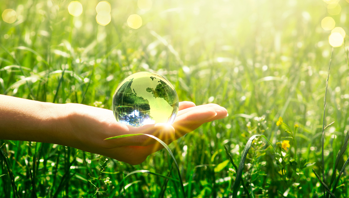Earth crystal glass globe in human hand on grass background.