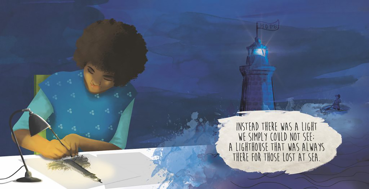 An illustration of a young child writing, and a lighthouse visible in the background.