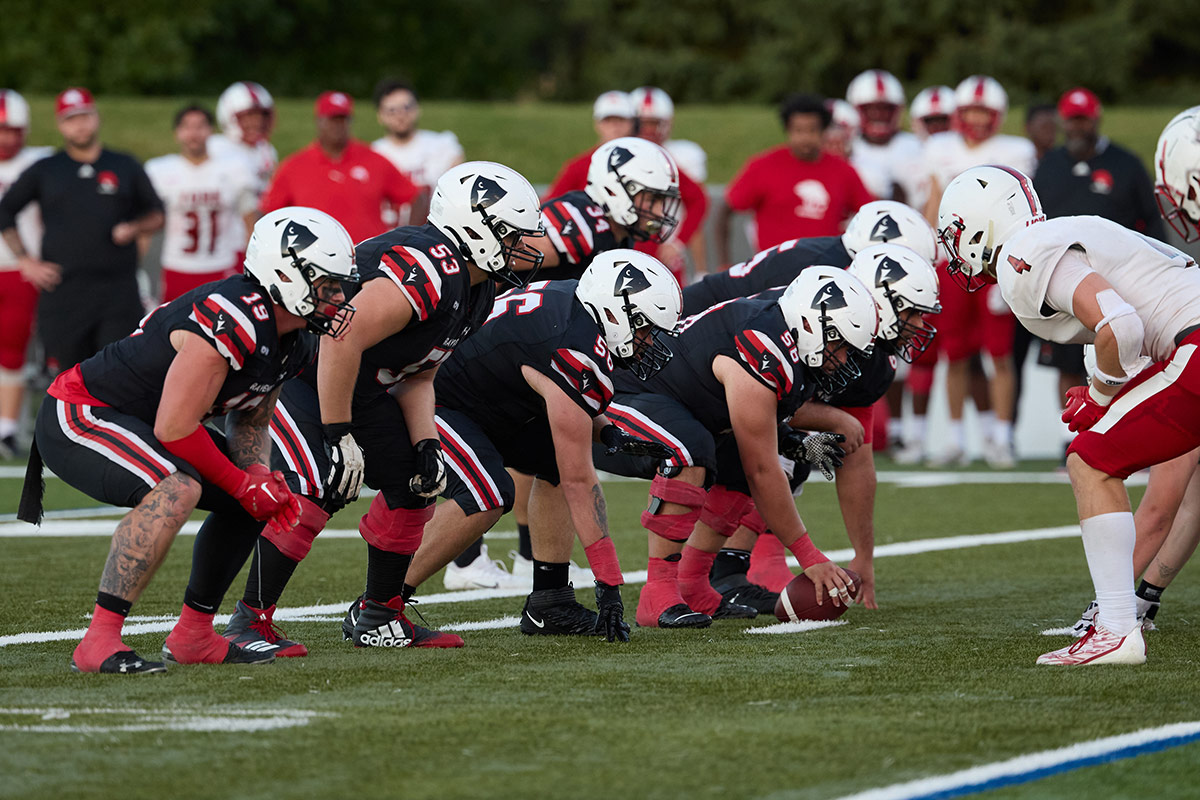 Football players lining up for the snap.