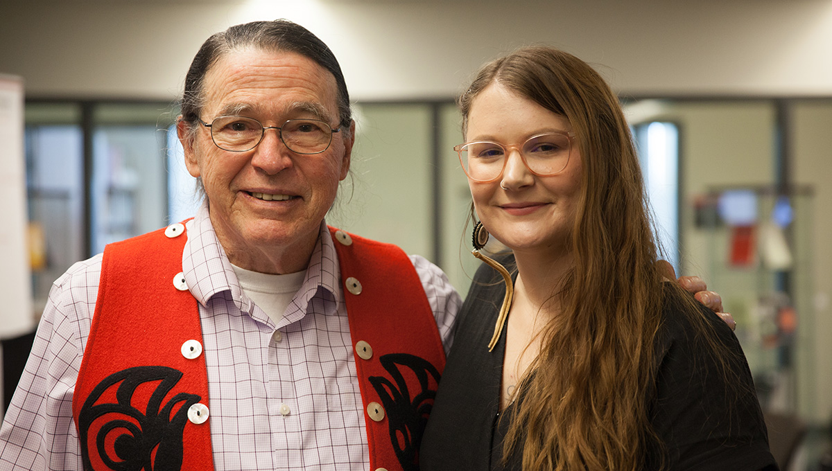 Photo of John Kelly and Shelby Lisk, posing together for a photo after the launch event for the new TVO Indigenous Hub at Carleton University.