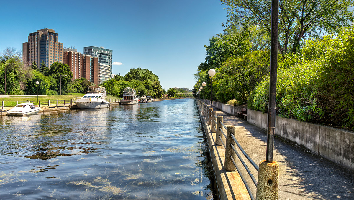 The Rideau Canal in Ottawa, sunny summer day.