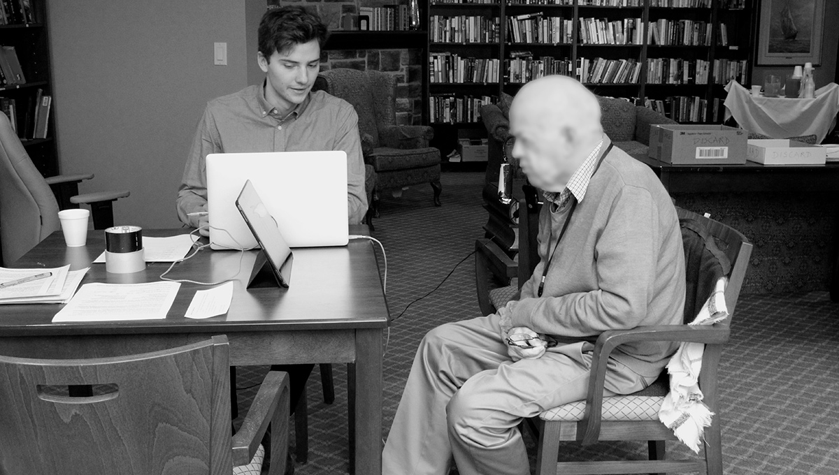 Rob Shudra interviews a senior citizen at the Chartwell Retirement Residences.