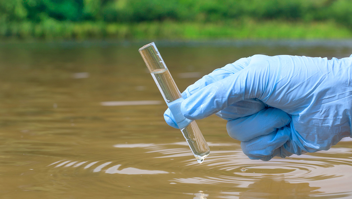 Sample water from the river for analysis. Hand in glove holding a test tube