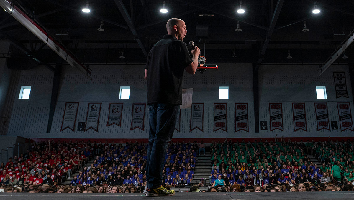 Carleton University President Benoit-Antoine Bacon addresses new students during back to school orientation.