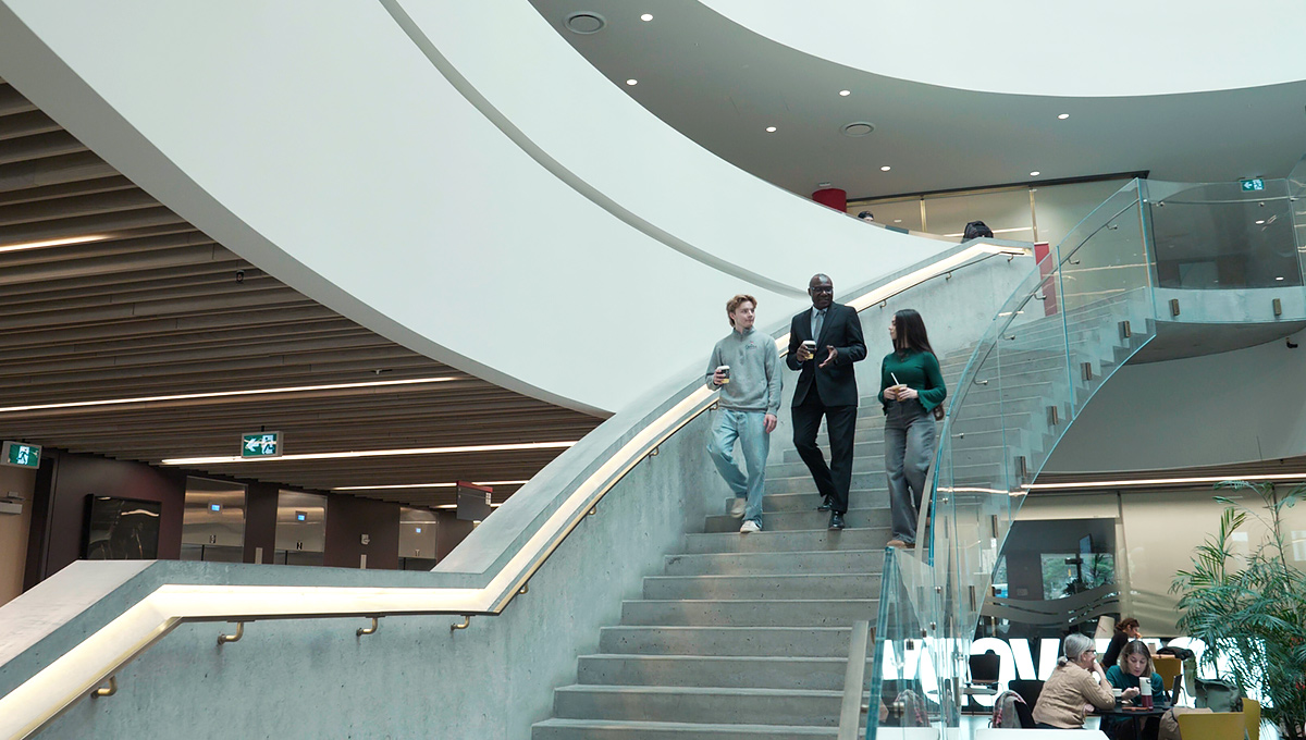 Two students and a professionally dressed man walking down a stone staircase.